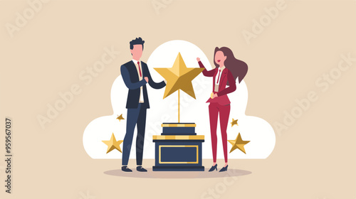 
Professional or expert who success and win award best office employee or specialist with skills to achieve goal concept success businessman and businesswoman professional stand with star award