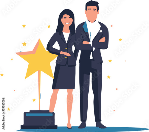 
Professional or expert who success and win award best office employee or specialist with skills to achieve goal concept success businessman and businesswoman professional stand with star award