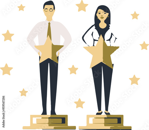 
Professional or expert who success and win award best office employee or specialist with skills to achieve goal concept success businessman and businesswoman professional stand with star award