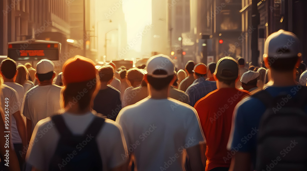 A bustling city street filled with people during sunset. A bustling city street filled with people during sunset.