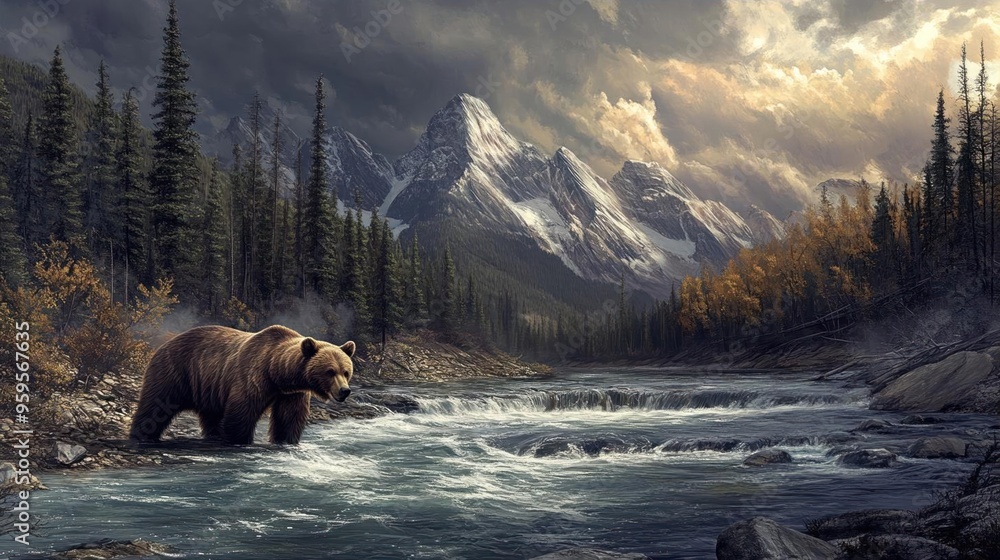 A majestic brown bear stands in a rushing river at the foot of snow-capped mountains, with a dramatic cloudy sky overhead. A majestic brown bear stands in a rushing river at the foot of snow-capped mountains, with a dramatic cloudy sky overhead.