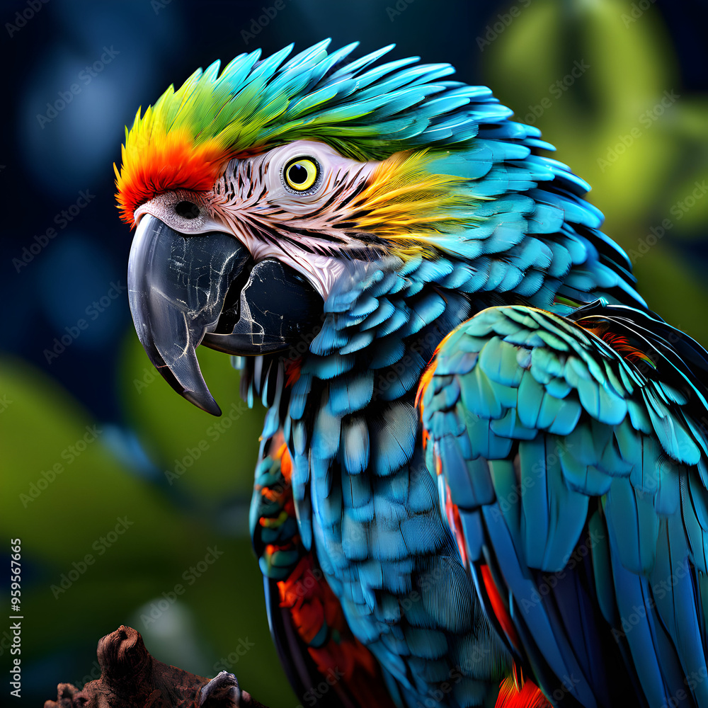 Fototapeta premium blue and yellow macaw sitting on a branch in the jungle 