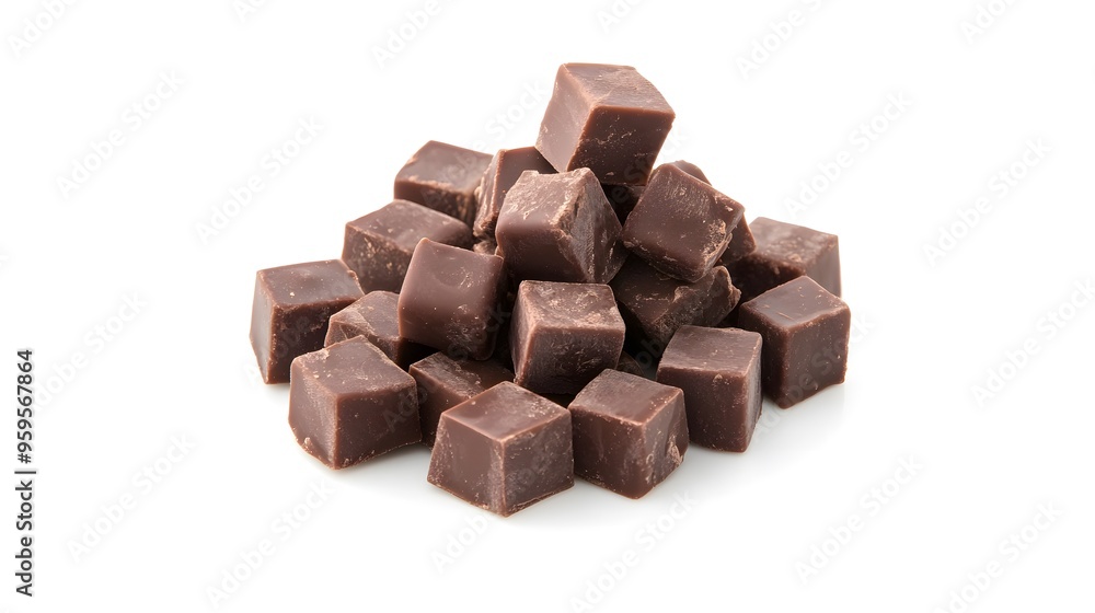 Delicious chocolate cubes isolated on a white background, perfect for easy color editing, ideal for dessert, confectionery, and food-related designs in a clean and minimalistic style Delicious chocolate cubes isolated on a white background, perfect for easy color editing, ideal for dessert, confectionery, and food-related designs in a clean and minimalistic style