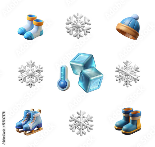Winter sports 3d icons set. Different equipment for winter activities and vacations. Skates, knitted hat, warm boots, socks and ice cubes.