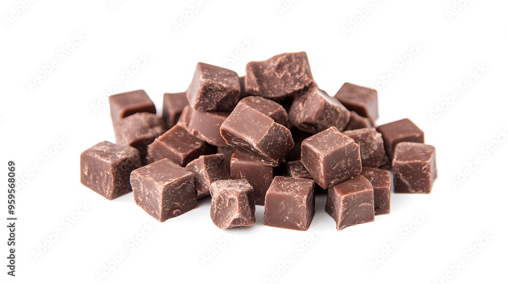 Delicious chocolate cubes isolated on a white background, perfect for easy color editing, ideal for dessert, confectionery, and food-related designs in a clean and minimalistic style Delicious chocolate cubes isolated on a white background, perfect for easy color editing, ideal for dessert, confectionery, and food-related designs in a clean and minimalistic style