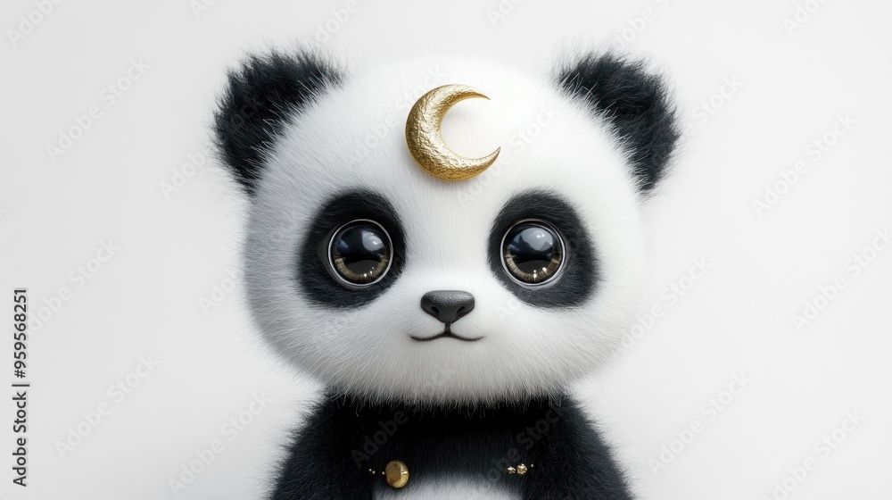 Fototapeta premium Adorable Panda with a Golden Crescent Moon
