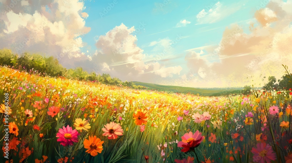 A beautiful meadow with wildflowers in bloom, painted with a painterly style and a blue sky with fluffy clouds. A beautiful meadow with wildflowers in bloom, painted with a painterly style and a blue sky with fluffy clouds.