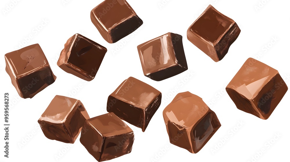 Delicious chocolate cubes isolated on a white background, perfect for easy color editing, ideal for dessert, confectionery, and food-related designs in a clean and minimalistic style Delicious chocolate cubes isolated on a white background, perfect for easy color editing, ideal for dessert, confectionery, and food-related designs in a clean and minimalistic style