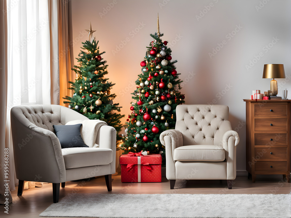 Naklejka premium Interior of living room with armchair, drawers and Christmas tree