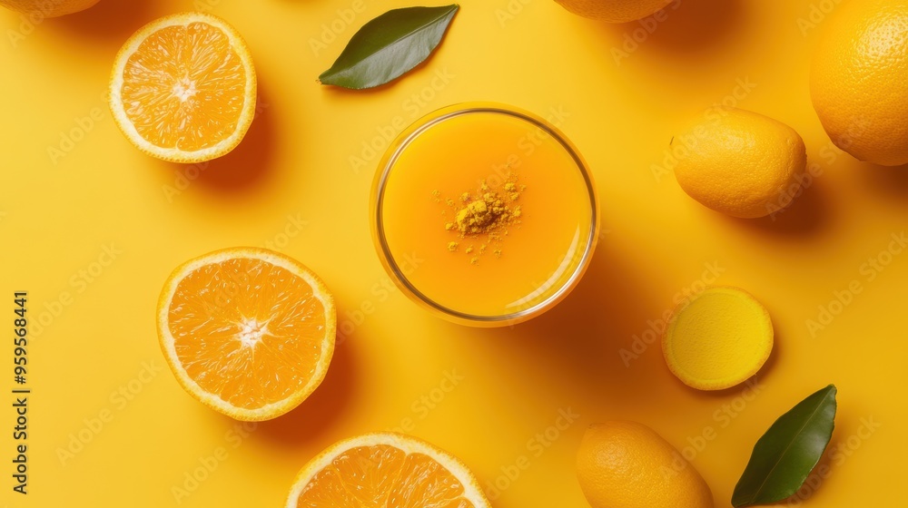 A glass of orange juice is on a yellow background with oranges and leaves A glass of orange juice is on a yellow background with oranges and leaves