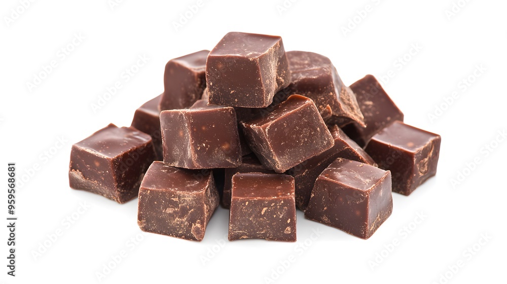 Delicious chocolate cubes isolated on a white background, perfect for easy color editing, ideal for dessert, confectionery, and food-related designs in a clean and minimalistic style Delicious chocolate cubes isolated on a white background, perfect for easy color editing, ideal for dessert, confectionery, and food-related designs in a clean and minimalistic style