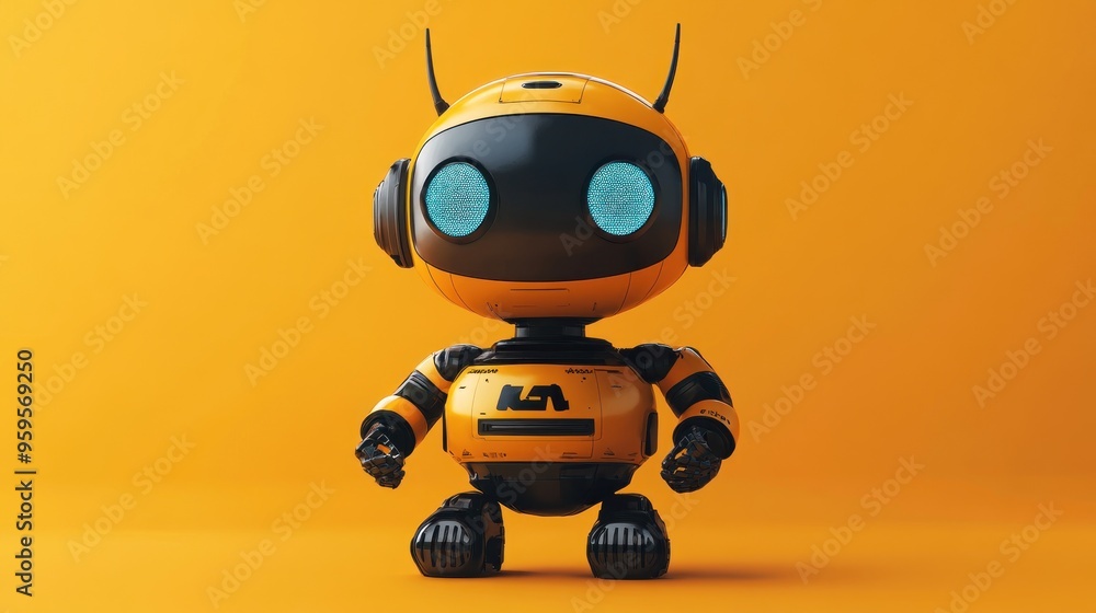 Cute Yellow Robot on Orange Background Cute Yellow Robot on Orange Background