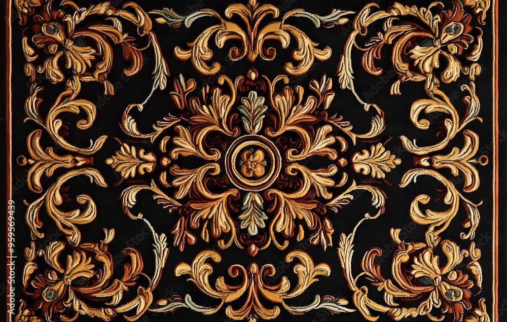 14. **Full-size seamless baroque-inspired rug design with opulent details and rich colors** 14. **Full-size seamless baroque-inspired rug design with opulent details and rich colors**