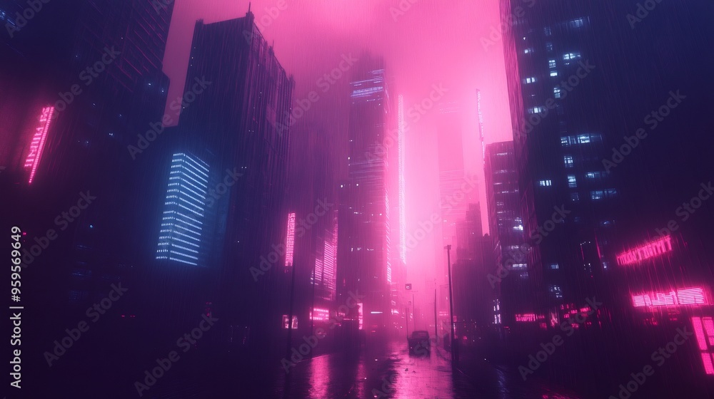 Obraz premium A car drives through a rainy, neon-lit city street.