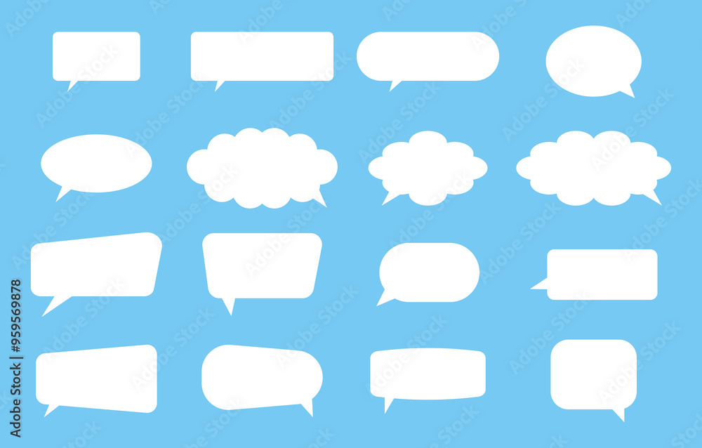 Set of speech bubbles isolated on blue background. Speak bubble text. Cartoon chat box. Message box. Empty white speech bubbles. Cartoon word balloon design. Vector illustration. Set of speech bubbles isolated on blue background. Speak bubble text. Cartoon chat box. Message box. Empty white speech bubbles. Cartoon word balloon design. Vector illustration.