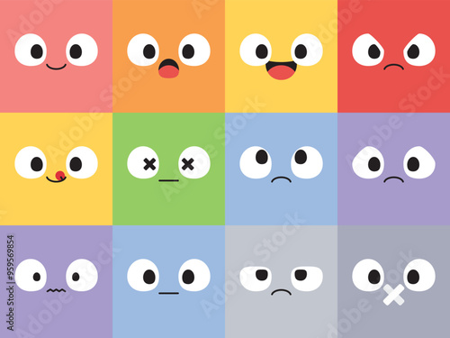 Set of cute cartoon emotion icons. Flat design illustration.	