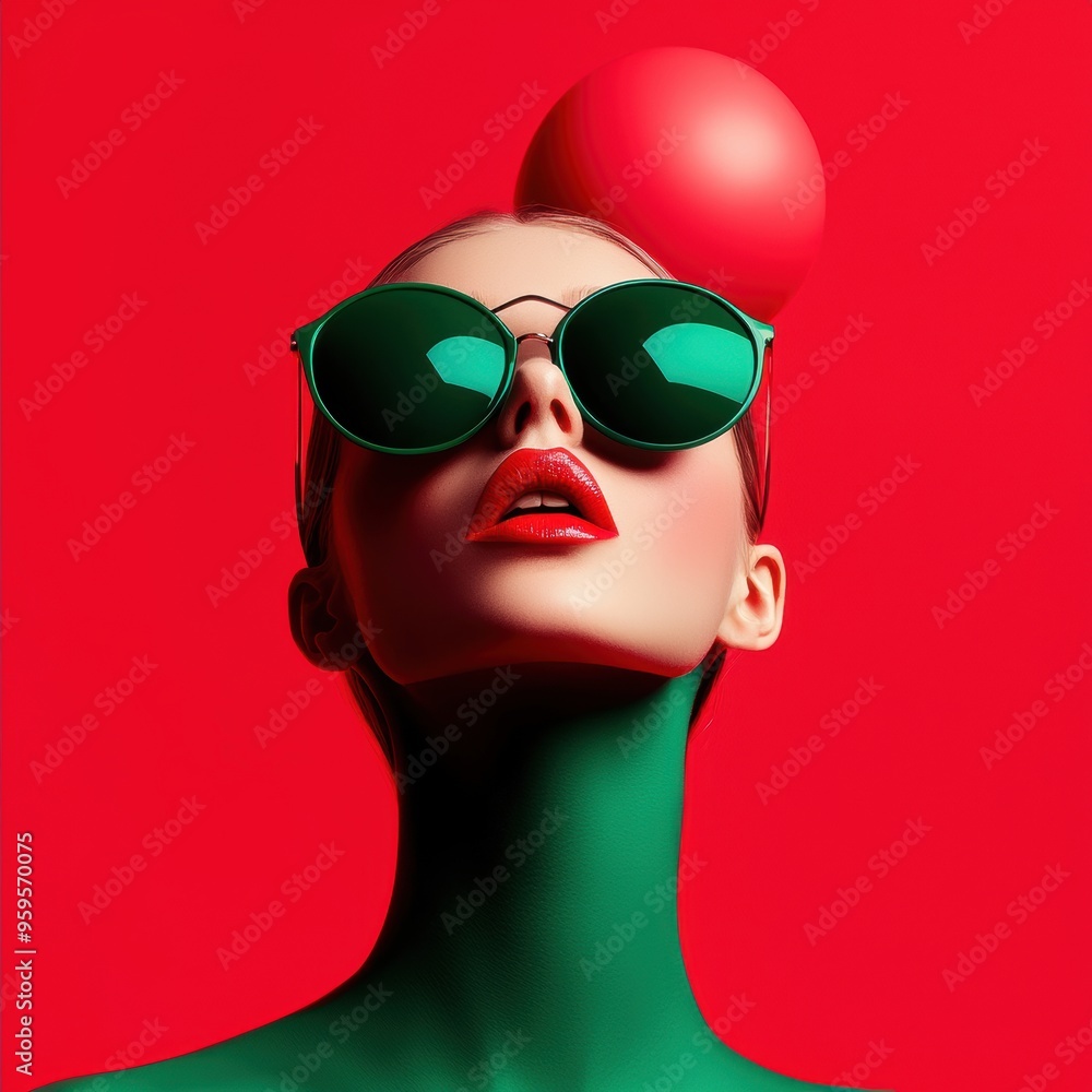 A woman wearing green sunglasses A woman wearing green sunglasses