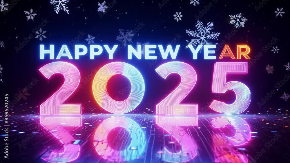Futuristic Neon Blue and Orange Text Animation for New Year 2025 with Snowfall and Reflections Futuristic Neon Blue and Orange Text Animation for New Year 2025 with Snowfall and Reflections