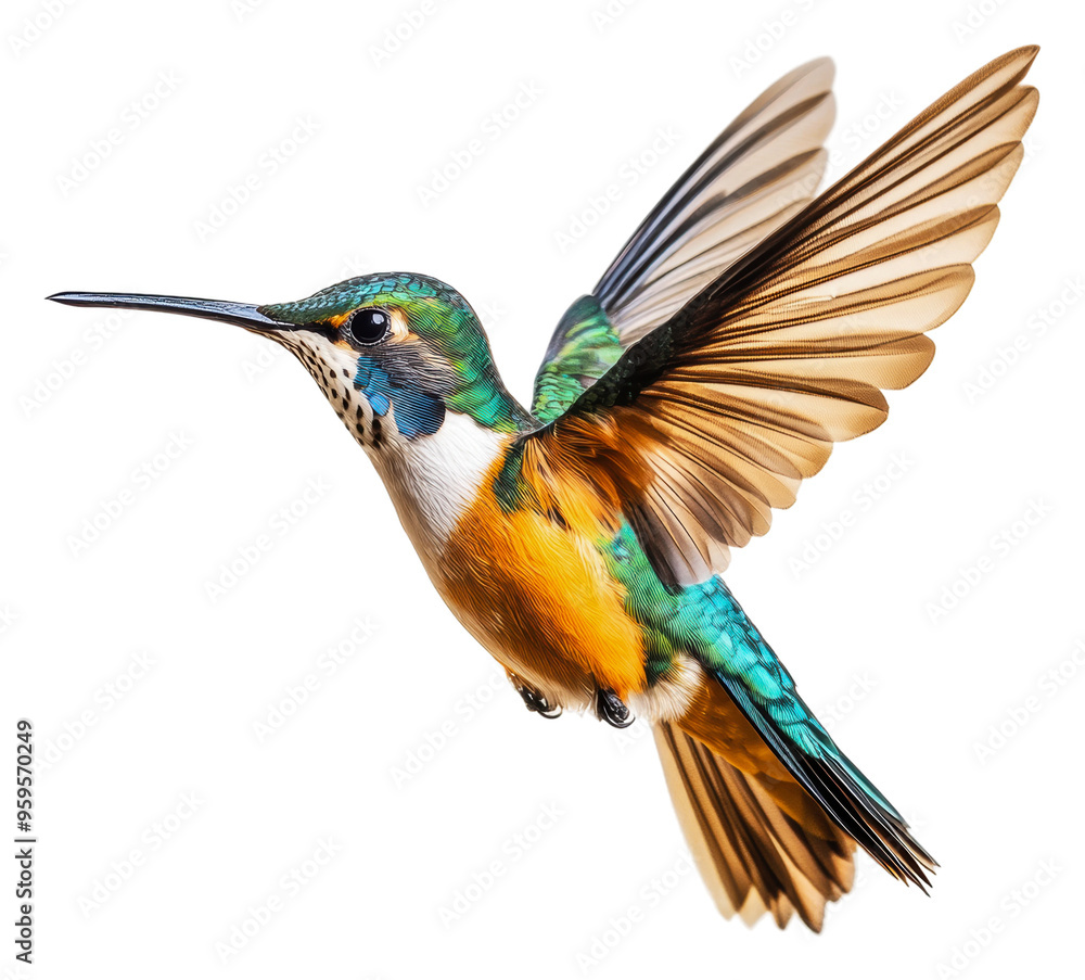 Fototapeta premium Vibrant hummingbird in flight, white backdrop, cut out - stock png.