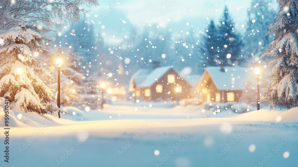 Cozy Winter Wonderland - A Serene Snowy Village Scene for Traditional Holiday Card with Space for Text Cozy Winter Wonderland - A Serene Snowy Village Scene for Traditional Holiday Card with Space for Text