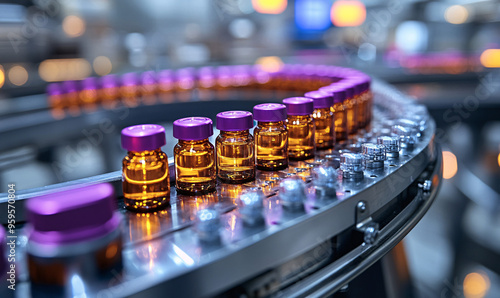 A pharmaceutical industry production line machine conveyor with glass bottles and ampoules at a factory. It represents the concept of the pharmaceutical industry and manufacturing process.