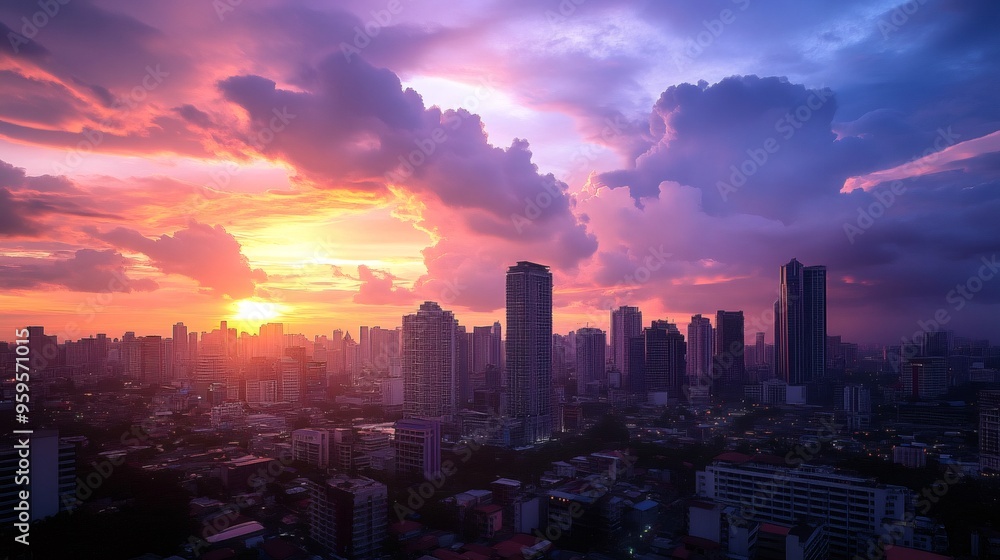 Fototapeta premium A city skyline at sunset with a dramatic sky filled with vibrant clouds.