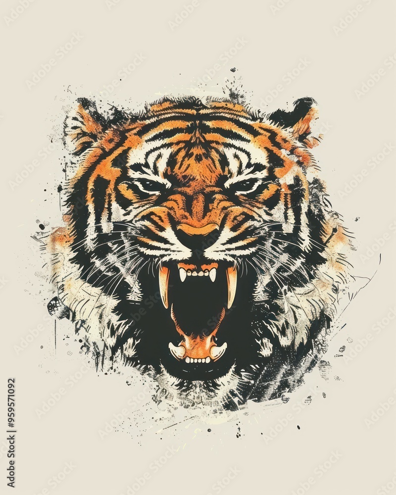 A fierce, snarling tiger head illustration with a grunge-like background. A fierce, snarling tiger head illustration with a grunge-like background.