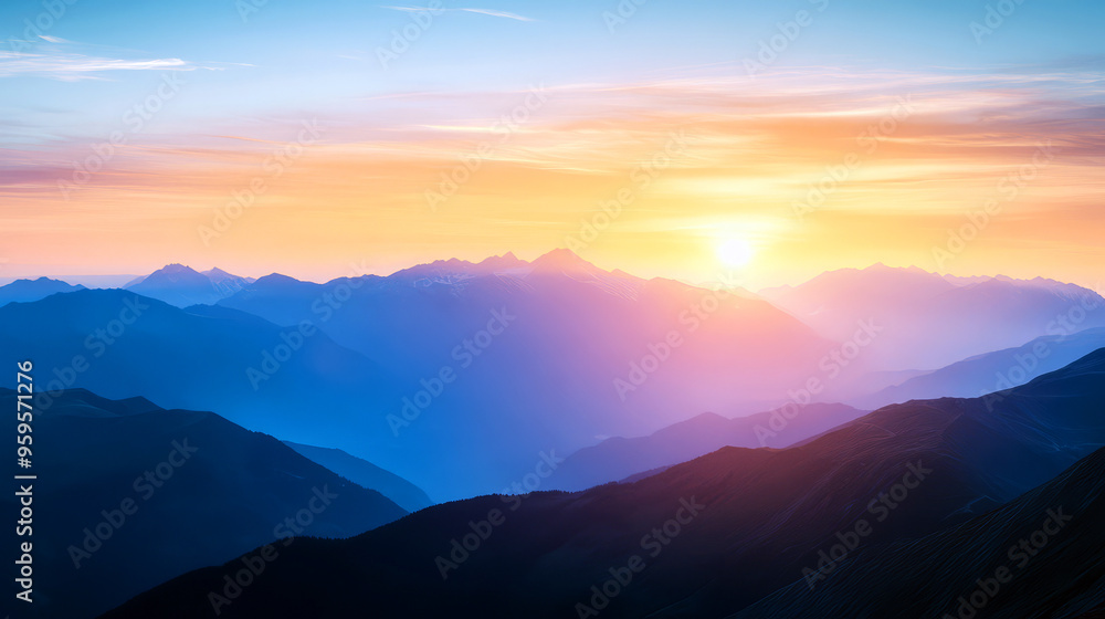 Silhouetted Mountains At Sunrise, With A Vibrant Orange And Pink Sky. The Image Evokes A Sense Of Peace And Tranquility. Silhouetted Mountains At Sunrise, With A Vibrant Orange And Pink Sky. The Image Evokes A Sense Of Peace And Tranquility.
