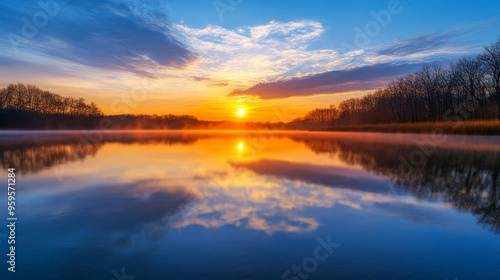 Golden sunrise over a tranquil lake with fog and trees reflected in the water. the sky is a beautiful blend of blue, orange and pink. perfect for your nature, landscape, or travel projects.