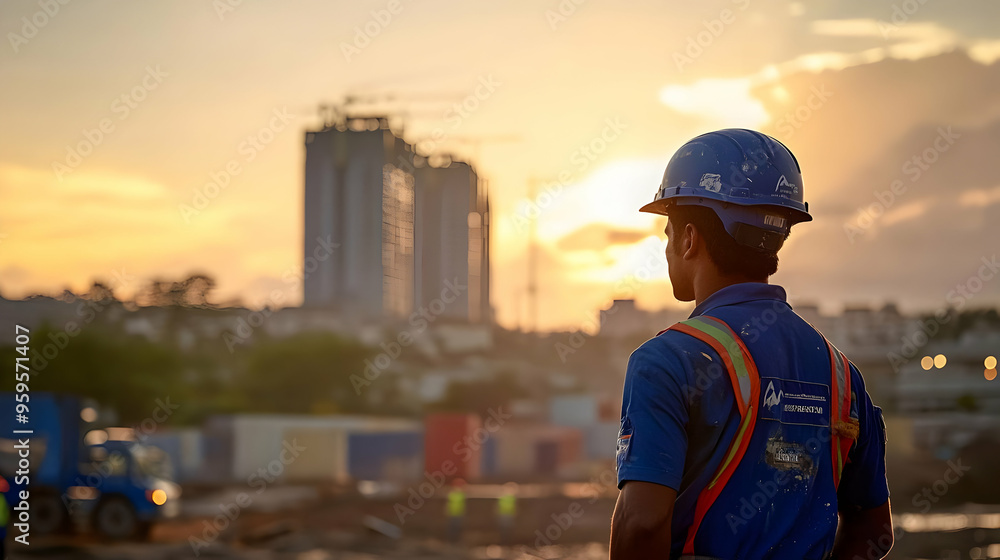 A construction worker observes a building site at sunset. A construction worker observes a building site at sunset.