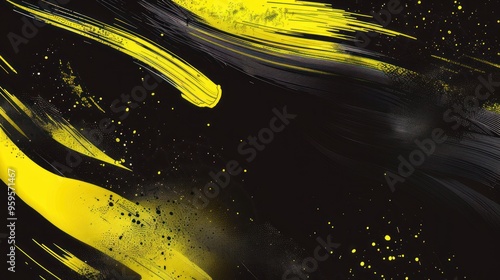 Abstract yellow and black paint splashes on a dark background.