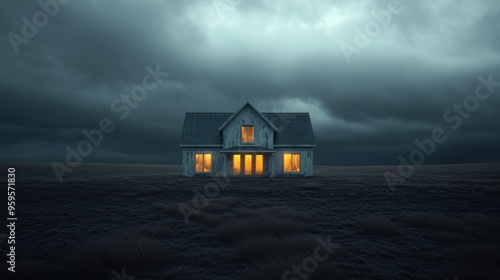 A house is standing in a field with a cloudy sky above it