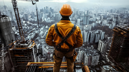 A construction worker overlooking a city skyline from a high building.