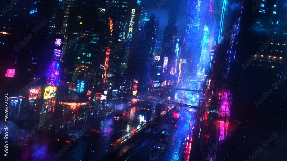 A cyberpunk cityscape with neon lights and rain, seen from above. A cyberpunk cityscape with neon lights and rain, seen from above.