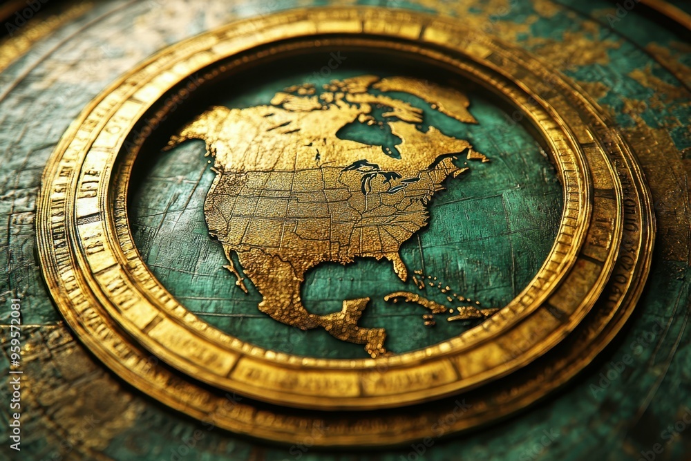 A close-up of a globe encircled by a golden ring, symbolizing America's economic influence in international markets A close-up of a globe encircled by a golden ring, symbolizing America's economic influence in international markets