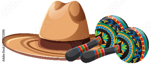 Traditional Mexican Hat and Maracas