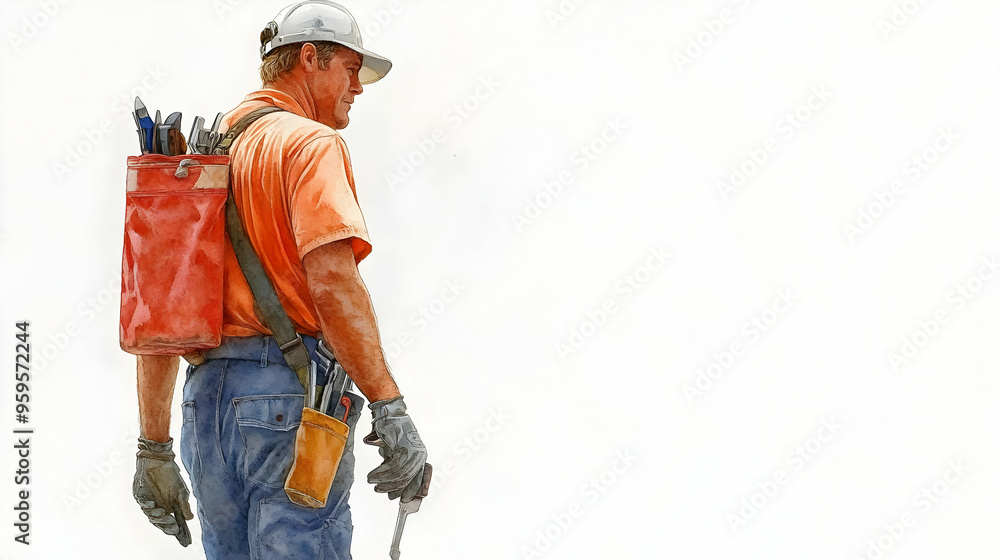 A construction worker stands with tools, ready for work. A construction worker stands with tools, ready for work.