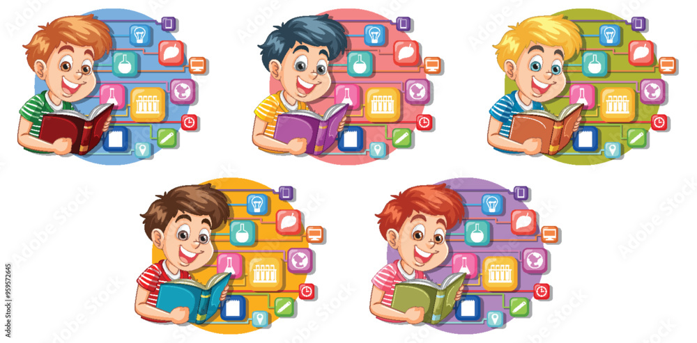 Children Reading with Digital Icons Children Reading with Digital Icons