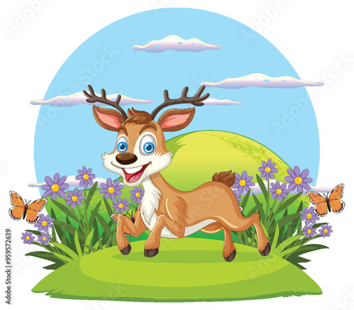 Happy Deer in Flower Field