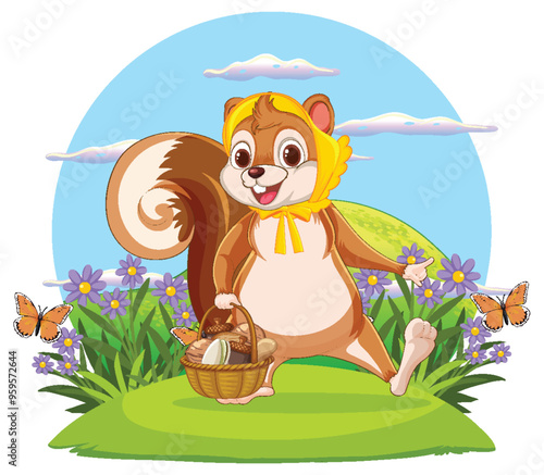 Squirrel with Basket in Meadow