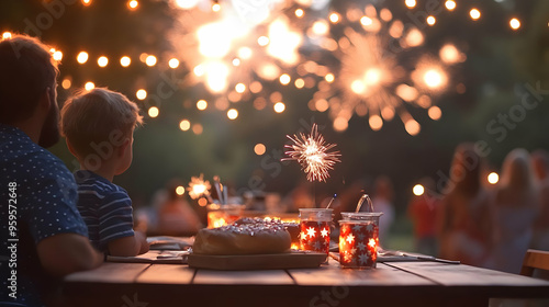 A cozy outdoor gathering with fireworks and festive lights.