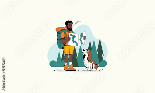 A hiker and his dog lost in the forest reading a map.