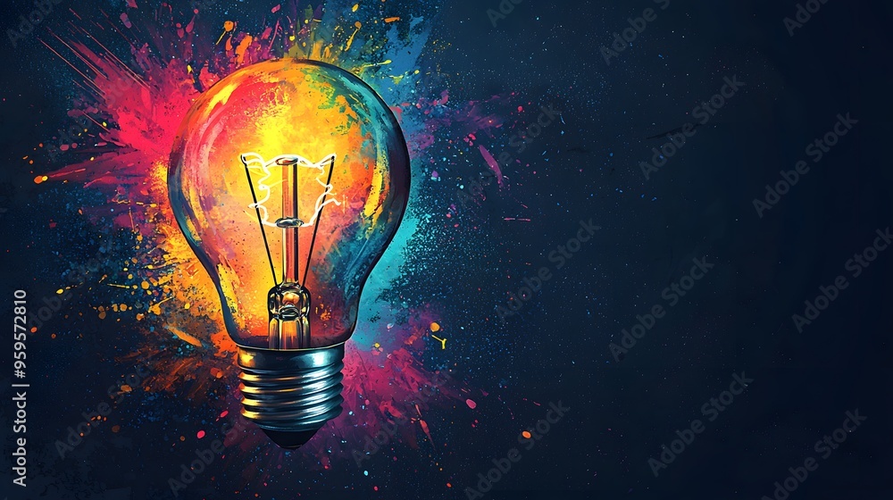 A Colorful Light Bulb Emitting Creative Sparks Against a Dark, Abstract Background of Energy. New Creative Idea Concept A Colorful Light Bulb Emitting Creative Sparks Against a Dark, Abstract Background of Energy. New Creative Idea Concept