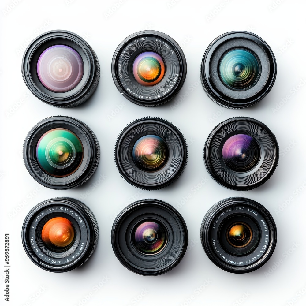 A collection of camera lenses arranged in a creative pattern, showcasing vibrant colors and distinct designs for photography enthusiasts. A collection of camera lenses arranged in a creative pattern, showcasing vibrant colors and distinct designs for photography enthusiasts.