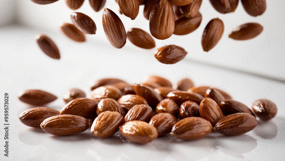 Collection of Almond: small almonds on the ground and falling or flying from above on white background with Generative AI Technology Collection of Almond: small almonds on the ground and falling or flying from above on white background with Generative AI Technology