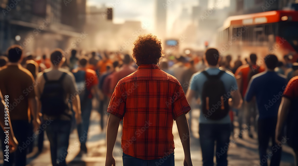 A crowd of people in a bustling urban environment at sunset. A crowd of people in a bustling urban environment at sunset.
