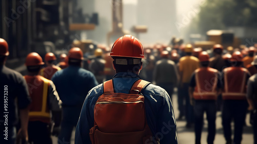 A crowd of workers in hard hats and vests on a construction site. photo