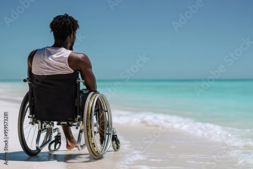 disabled black man in wheelchair on the beach, looking at sea view