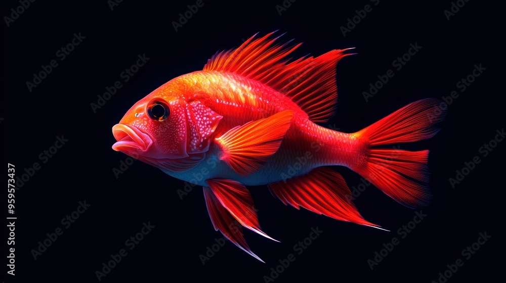 A red fish swimming in a dark blue background A red fish swimming in a dark blue background