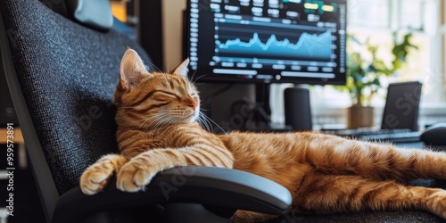 A relaxed ginger cat lounging on an office chair, creating a cozy atmosphere in a workspace filled with tech and plants. photo